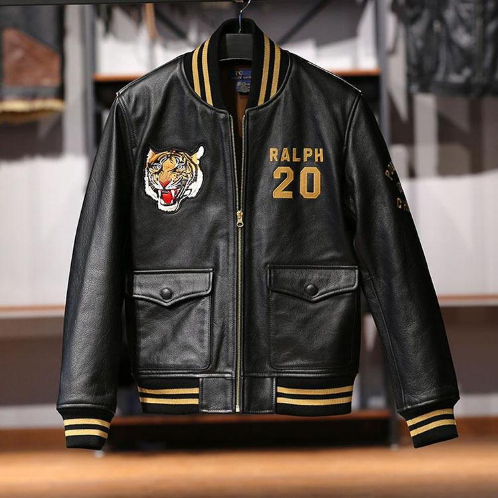 Roaring Varsity Genuine Leather Jacket Tiger Embroidery – Warm Goose