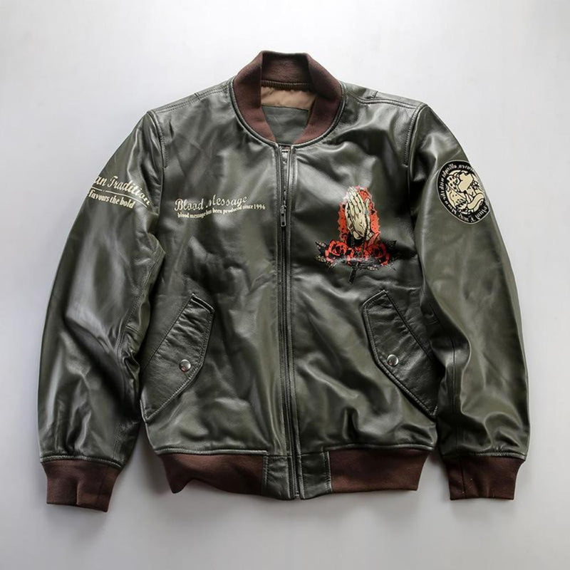 Vintage American Flame Lotus Bomber Leather Jacket