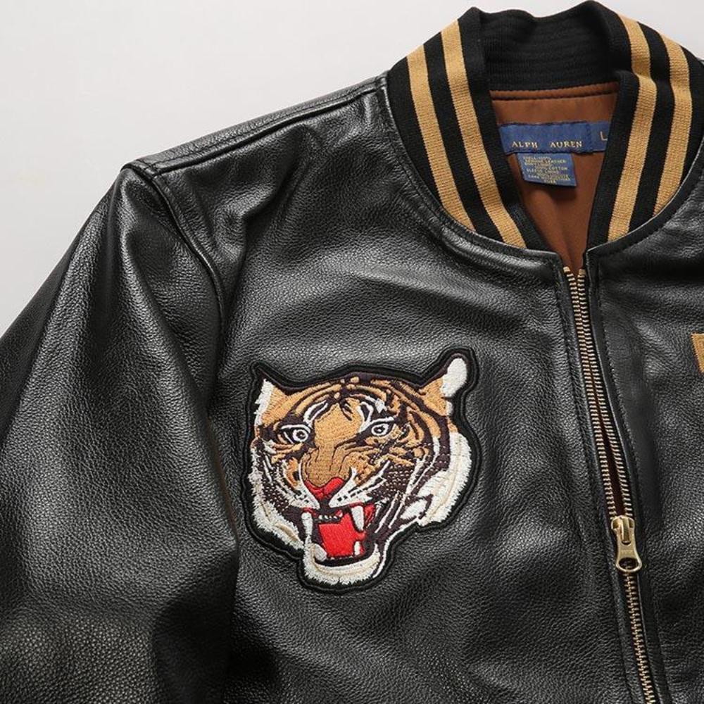 Roaring Varsity Genuine Leather Jacket | Tiger Embroidery