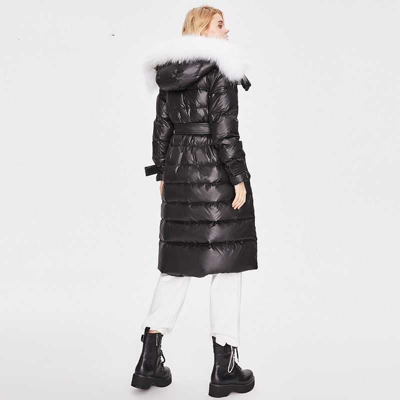 Womens Faux-Fur Hood Long Puffer Coat 900 Fill Down Jacket Black