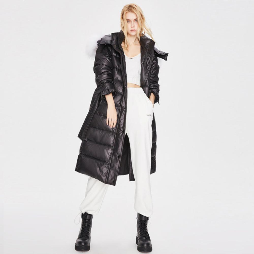 Womens Faux-Fur Hood Long Puffer Coat 900 Fill Down Jacket Black