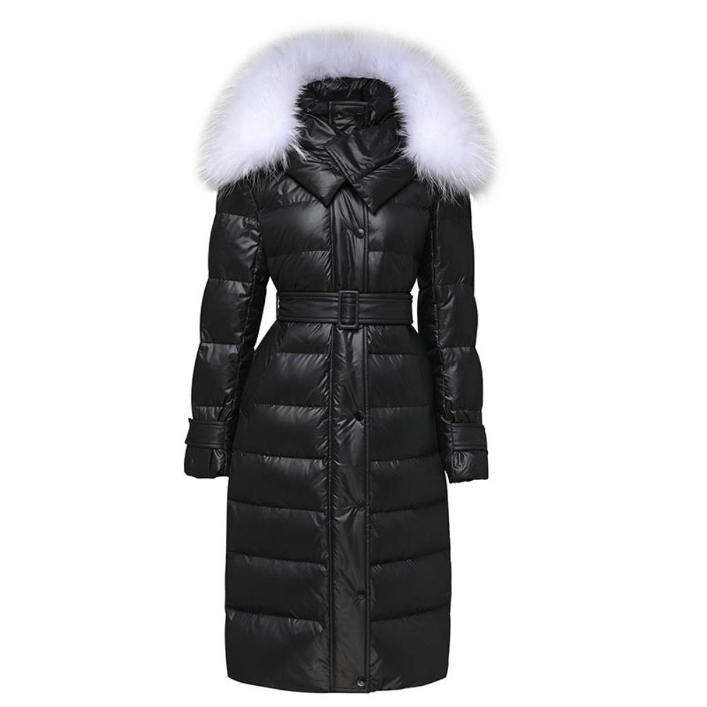 Womens Faux Fur Hood Long Puffer Coat 900 Fill Down Jacket Black