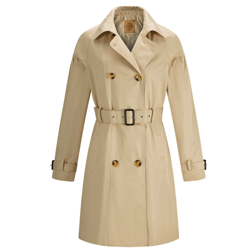 Womens Cotton Double Breasted Trench Coat With Belt Khaki
